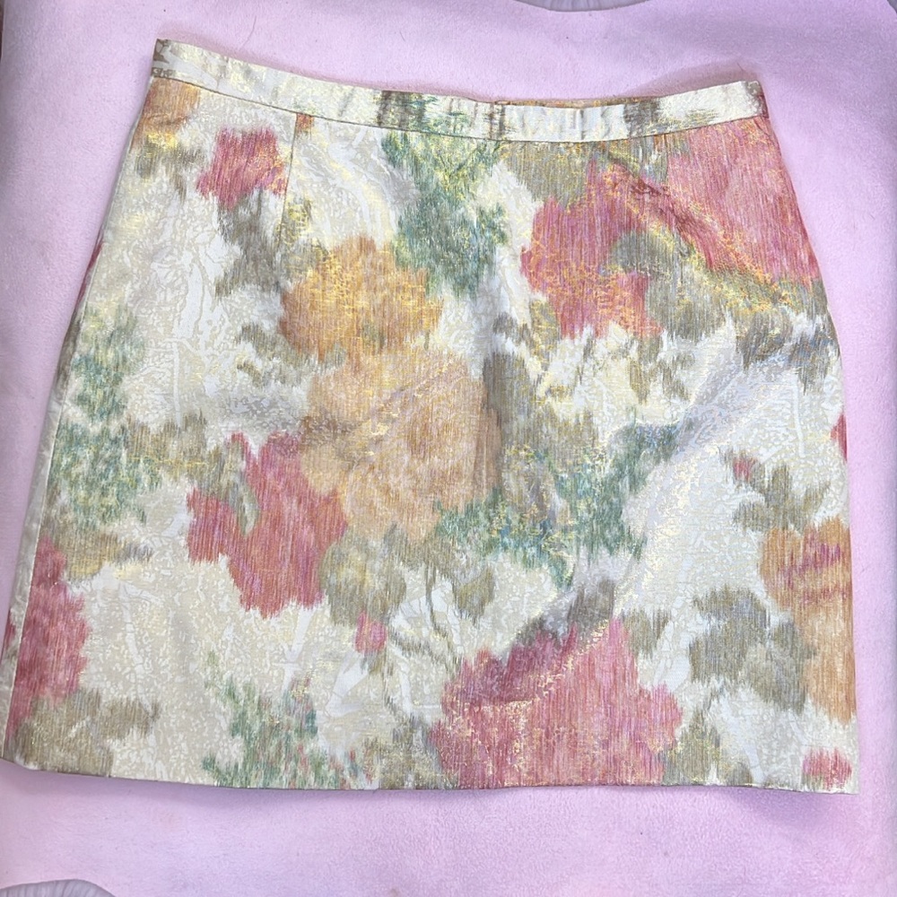 Spring floral/ pinkish metallic skirt. Pretty for spring or any warm day.